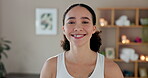 Yoga, face and happy woman in living room for exercise, wellness and fitness in home. Pilates, portrait and female smile for workout, routine and holistic training for mental health in house lounge