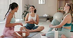 Conversation, laughing and yoga with women on floor of studio for mental health, mindfulness or wellness. Funny, smile and talking with happy friends in class for balance, holistic health or pilates