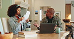 Couple, laptop and documents with fight in home for budget mistake, mortgage inflation and tax fail. Angry woman, man and computer with argument for debt statement, gambling addiction and bankruptcy