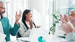 Office, people and excited with throwing paper for project celebration, success and achievement. Business, employees  and applause in boardroom with documents for teamwork, collaboration and winning