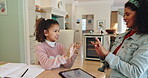 Mother, girl and hands for teaching, math and development in home with support, fingers and talking. Woman, student and discussion for study, learning and numbers in house with help and education
