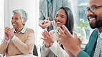 Business, people and applause in boardroom for successful presentation or pitch for company growth. Office, employees and happy or excited with clapping hands for congratulations, victory and winning