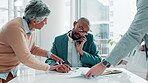 Businessman, documents and multi tasking in time lapse, stress or anxiety from overworked at office. Busy black man, working and paperwork or proposal from group of employees for project deadline