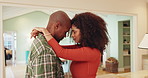 Couple, affection and hug with love in home for relationship loyalty, support and trust for security. Interracial marriage, man and woman with slow dancing for bonding, embrace and forehead touch