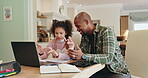 Father, girl and laptop for teaching, math and development in home with support, hands and online class. Man, student and technology for study, learning and numbers in house with help and education