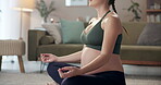 Hands, pregnant woman and meditation for fitness on floor with yoga exercise, maternity balance and mindfulness. Female person, pregnancy and pilates training, peace wellness or relax muscle at house