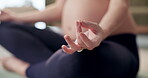 Hands, meditation and pregnant woman for yoga on floor with fitness exercise, maternity balance and mindfulness. Female person, pregnancy and pilates training, peace wellness or relax muscle at house