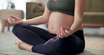 Pregnant woman, hands and meditation for fitness on floor with yoga exercise, maternity balance and mindfulness. Female person, pregnancy and pilates training, peace wellness or relax muscle at house