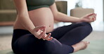 Meditation, hands and pregnant woman for yoga on floor with fitness exercise, maternity balance and mindfulness. Female person, pregnancy and pilates training, peace wellness or relax muscle at house