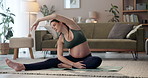 Pregnant, woman and stretching for fitness on floor with maternity exercise, prenatal yoga and body flexibility. Female person, pregnancy and pilates training, peace wellness or relax muscle at house