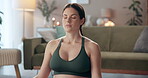 Pregnant woman, peace and meditation for fitness on floor with yoga exercise, maternity balance or mindfulness. Female person, pregnancy and pilates training, breath wellness or relax muscle at house