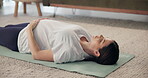 Relax, pregnant and woman with meditation on floor for peace, mindfulness and connection to baby. Pregnancy, home and person with laying on mat for prenatal bonding, intuition and preparing for labor