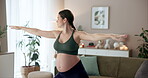 Fitness, pregnant and woman and stretching on floor with maternity exercise, prenatal yoga and body flexibility. Female person, pregnancy and pilates training, peace wellness or relax muscle at house