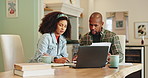 African couple, planning and conversation with documents, laptop and financial review for monthly expenses. Man, woman and home with paperwork for budget discussion, tax management and paying bills.