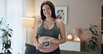 Pregnancy, sonogram and woman with smile in home for baby development, growth or update. Happy, maternity picture and portrait of pregnant female person with fetal ultrasound for prenatal health.