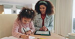 Mother, girl and book for writing, learning and development in home with pencil, paper and technology. Woman, child and notebook for study, teaching and education in house with stationery and tablet