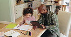 Father, girl and tablet for teaching, math and development in home with support, video and digital class. Dad, student and helping for study, learning and numbers in house with online education
