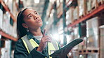 Counting, stock or thinking and woman with tablet in warehouse for commercial shipping or distribution. Cargo, ecommerce and storage with logistics employee in supply chain facility for online order