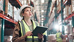 Woman, supervisor and tablet at warehouse for digital stocktake, counting and manufacturing. Female person, manager and check information for supply chain, product and material for distribution