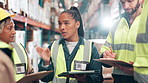 Distribution, teamwork and tablet with meeting in warehouse for inspection, storage control and service delivery. Planning, supervisor and stock checklist for inventory management and staff training