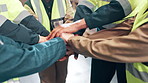 Hands stack, people and applause in warehouse for celebration, support and solidarity with collaboration. Huddle, staff and meeting in factory for team building, motivation and cooperation together