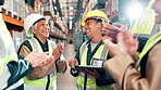 Applause, people and celebration in warehouse for success, support and solidarity with project results. Clapping, staff and achievement for employee award, welcome and introduction to team together 