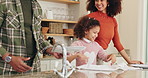 Washing, dishes and family help with support, care and love with chores and spring cleaning learning. Home, teaching and happy parents with young girl together with hygiene, development and fun