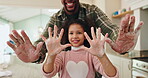 Father, girl and face for soap hands in home, bacteria prevention and child for learning hygiene. Dad, daughter and palm for teaching sanitary wellness in kitchen, support and portrait for foam