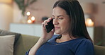 Woman, phone call and face on sofa for relax, chatting and happy for weekend planning. Female person, mobile and contact at home for gossip story, communication and conversation in New Zealand