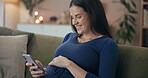 Pregnant woman, phone and online shopping for baby in home, scroll and communication app on couch. Female person, chat and social media surfing for maternity advice or info, relax and site for health