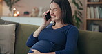 Woman, phone call and pregnant on sofa for chat, good news and obstetrician update. Future mom, happy and mobile at home for communication, online consultation and smile for discussion in New Zealand