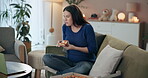 Laptop, pizza and pregnant with woman on sofa in living room of home for eating or streaming. Computer, food and relax with smile of happy mom in apartment for hunger or subscription entertainment 