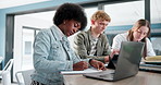 Education, laptop and thinking with student friends in library of college or university together. Computer, diversity and problem solving with people on school campus for development or study group