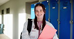 Corridor, face and girl in university for education, knowledge and future goals with learning. College, female student and stationery in campus for thesis research, assignment and studying with smile