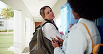 Happy, friends and women talking at school for education, class lesson and studying advice at university lobby. Smile, students and morning discussion, social support and knowledge growth by locker