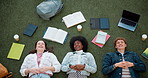 Face, above and students on grass, funny and notebooks with laptop, relax and break. Portrait, laugh and group with nature, happiness or friends with education, knowledge or cooperation with humor