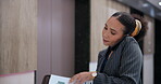 Woman, lawyer and phone call in building with paper, client information and evidence report in lobby. Female attorney, mobile and documents in court for contact, update and legal advice in Brazil