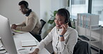 Call center, happy business woman and smile for consulting, tech support or customer advice at office. Employee, consultant and funny joke with headset for communication, help or contact us service