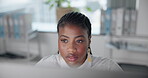 Black woman, journalist and thinking with computer at work in research for deadline in office for company or magazine. Female person, tech and concentration for project, career or blog in copywriting