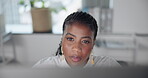 Black woman, journalist and research with computer at work in thinking for deadline, office and company at magazine. Female person, tech and concentration for project, career or blog in copywriting