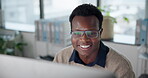 Computer, reading and black man with glasses, office and copywriting with creativity and online. Digital, vision and writer with keyboard, research and proofreading of email for company and person