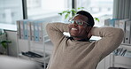 Computer, relax and black man with glasses, happy and copywriting with creativity and online. Digital, vision and writer with keyboard, research and proofreading of email for company and person 