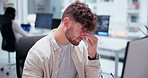 Headache, computer and business man with glasses in office for editing report, project deadline or creative block. Fatigue, burnout and tired journalist, editor or employee at desk for news agency