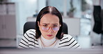 Computer, reading and business woman in office reviewing online cv for company growth or development. Think, technology and female hr manager monitor employee performance for report with data entry.