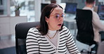 Business, stress and woman at desk, mistake and reaction in modern office, frustrated and upset. Person, employee and consultant with emotion, fail and glitch with email, 404 error and slow internet