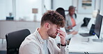 Headache, mistake and business man with glasses in office for editing report, project deadline or creative block. Fatigue, burnout and tired journalist, editor or employee at desk for news agency