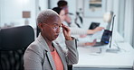 Office, work and black woman with glasses at desk for information technology, network and clear vision. Programming, business and developer with computer for backend development, server and testing