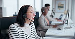 Call center, help and woman with headset in office for customer service, online advice or telemarketing. CRM, contact us and consultant in discussion for communication, assistance or tech support 