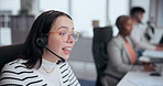 Call center, discussion and woman with headset in office for customer service, online advice or telemarketing. CRM, contact us and consultant with help for communication, assistance or tech support