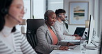 Call center, happy and black woman with headset in office for customer service, subscription or telemarketing. CRM, contact us and  consultant in discussion for communication, sales or support